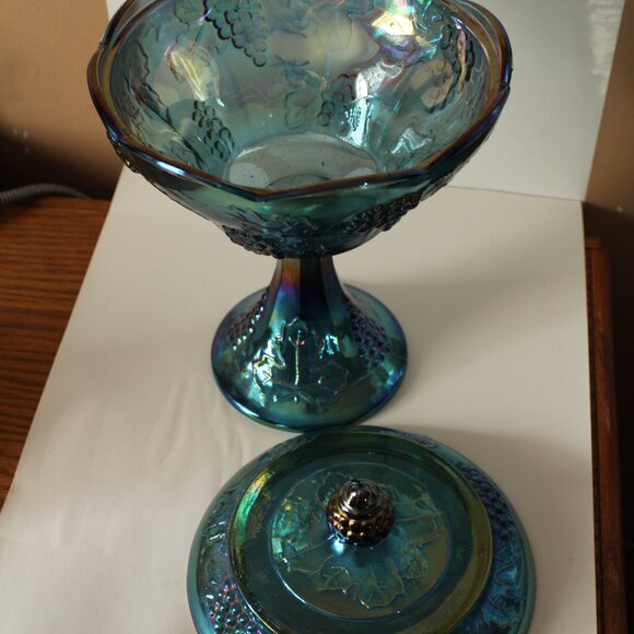 Indiana Harvest Grape Carnival Glass Iridescent Blue Covered  Dish - Picture 2 of 4